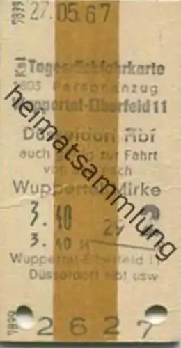 Deutschland - Tagesrückfahrkarte Wuppertal-Elberfeld 11 Düsseldorf Hbf auch gültig zur Fahrt von und nach Wuppertal-Mirk