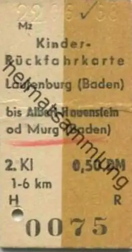 Deutschland - Kinder-Rückfahrkarte Laufenburg (Baden) bis Albert-Hauenstein od Murg (Baden) - Fahrkarte 1968