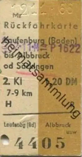 Deutschland - Rückfahrkarte Laufenburg (Baden) bis Albbruck od Säckingen - Fahrkarte 1966