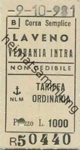 Italien - NLM Navigazione Lago Maggiore - Laveno Verbania Intra - Fahrkarte 1981 L. 1000