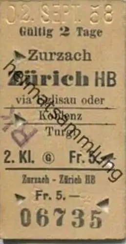 Schweiz - Zurzach Zürich HB via Eglisau oder Koblenz Turgi - Fahrkarte 1958