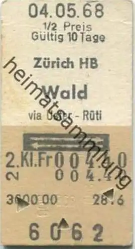 Schweiz - Zürich HB Wald via Uster-Rüti und zurück - Fahrkarte 1/2 Preis 1968