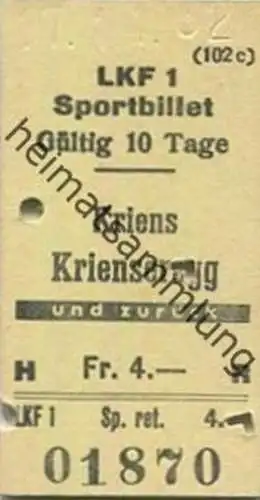 Schweiz - LKF 1 Kriens Krienseregg und zurück - Fahrkarte Sportbillet 1962