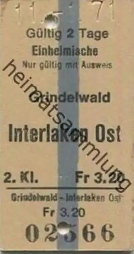 Schweiz - Grindelwald Interlaken Ost - Fahrkarte Einheimische Nur gültig mit Ausweis 1971