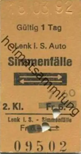 Schweiz - Lenk i. S. Auto Simmenfälle und zurück - Fahrkarte 2. Kl. 1992