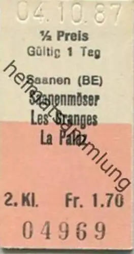 Schweiz - MOB - Saanen Saanenmöser Les Granges La Palaz - Fahrkarte 1987 Halbtaxe 2. Kl. Fr. 1.70