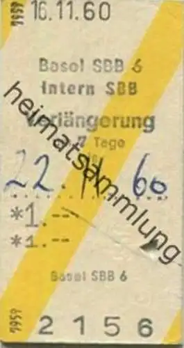 Schweiz - Basel SBB Intern SBB - Verlängerung um 7 Tage 1960 - Fahrkarte Fr. 1.-