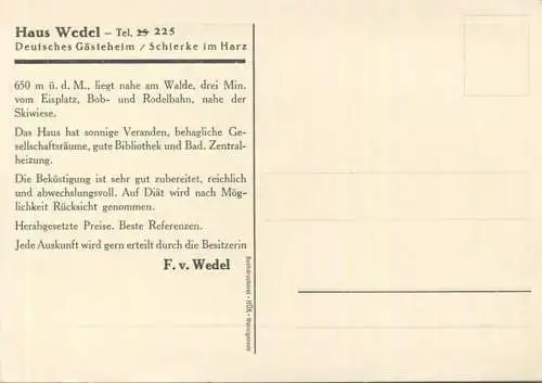 Schierke - Haus Wedel - Deutsches Gästeheim F. v. Wedel - Werbepostkarte