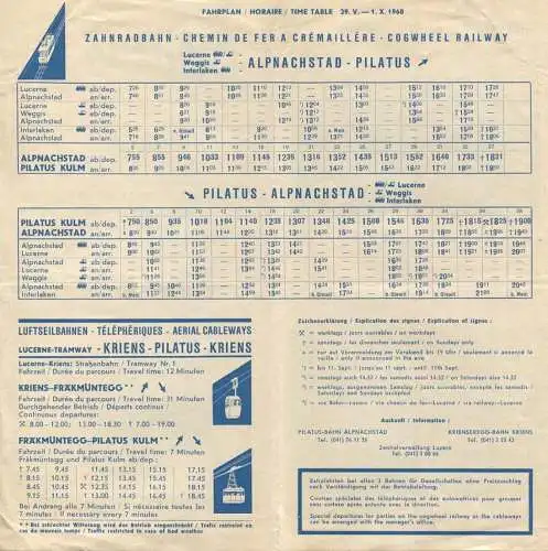 Schweiz - Pilatus - Fahrplan 1960 - Zahnrad- und Luftseilbahn - Faltblatt mit 3 Abbildungen