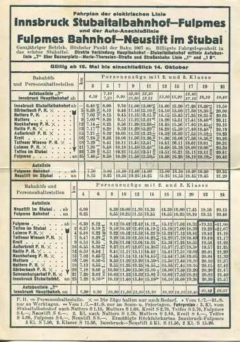 Österreich - Stubaitalbahn - Fahrplan der elektrischen Linie Stubaitalbahnhof Fulpmes und Autobuslinie Fulpmes Bahnhof N