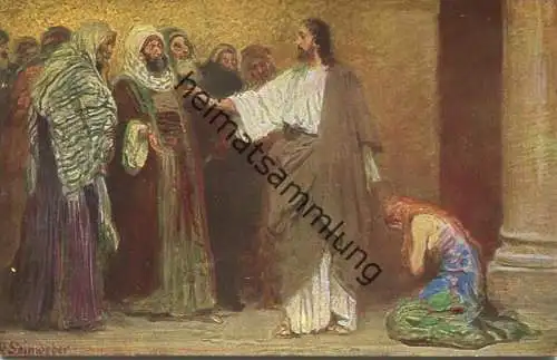 Die Heilige Schrift - Jesus und die Ehebrecherin - Künstler-Ansichtskarte Rob. Leinweber ca. 1910