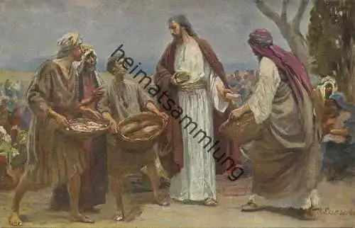 Die Heilige Schrift - Die Speisung der 5000 Mann - Künstler-Ansichtskarte Rob. Leinweber ca. 1910
