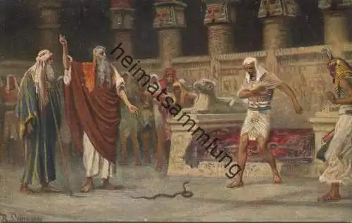Die Heilige Schrift - Moses und Aaron vor Pharao - Künstler-Ansichtskarte Rob. Leinweber ca. 1910
