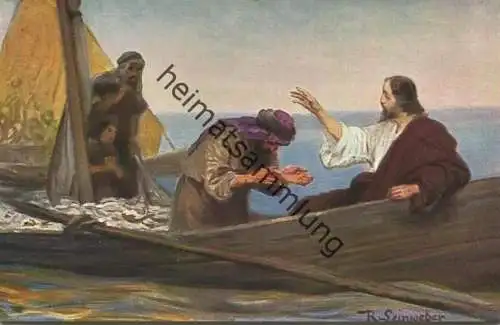 Die Heilige Schrift - Petri Fischzug und Berufung - Künstler-Ansichtskarte Rob. Leinweber ca. 1910