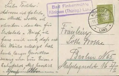 Schloss Schwarzburg - Hirschwiese - Verlag Richard Zieschank Ronneburg - Landpoststempel Bad Finkenmühle gel. 1932