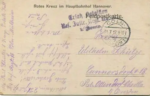 Hannover - Bahnhofstrasse - Strassenbahn - Feldpost - gel. 1917