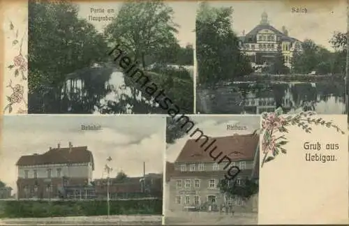 Uebigau - Bahnhof - Rathaus - Schloss - Verlag H. Bieligk Uebigau (Bezirk Halle) - gel. 1910