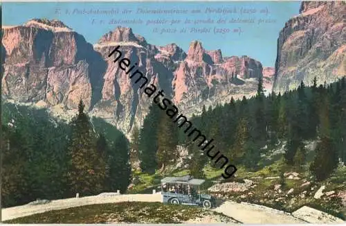 K. k. Post-Automobil - Dolomitenstrasse am Pordoijoch mit der Sellagruppe - AK ca. 1910 - Verlag Joh. F. Amonn Bozen
