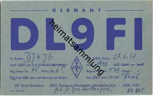 QSL - QTH - Funkkarte - DL9FI - Hamburg-Wandsbek - 1959