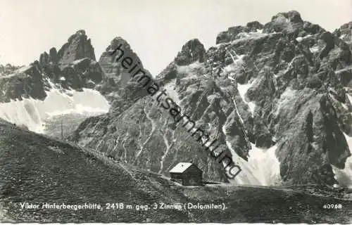 Viktor Hinterbergerhütte - gegen 3 Zinnen - Foto-AK - Verlag P. Ledermann Wien 1959