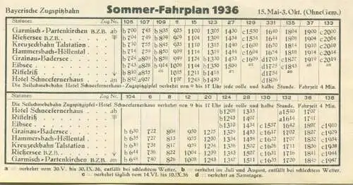 Deutschland - Bayerische Zugspitzbahn - Sommer Fahrplan 1936 - Faltblatt 8cm x 16cm