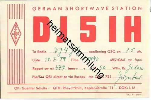 QSL - QTH - Funkkarte - DJ5IH - Rheydt (Mönchengladbach) - 1959