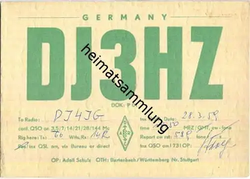 QSL - QTH - Funkkarte - DJ3HZ - Bartenbach (Göppingen) - 1959