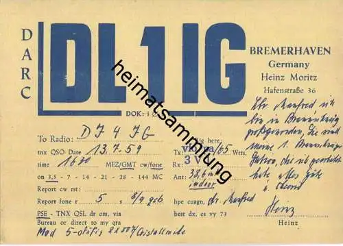 QSL - QTH - Funkkarte - DL1IG - Bremerhaven - 1959