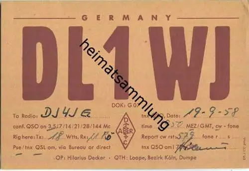 QSL - QTH - Funkkarte - DL1WJ - Loope (Engelskirchen)  - 1958