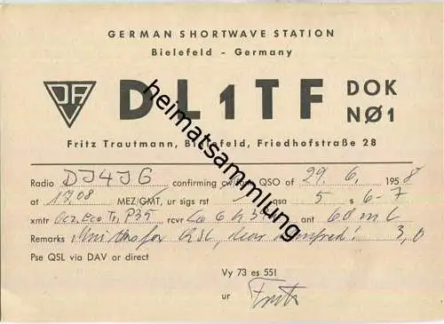 QSL - QTH - Funkkarte - DL1TF - Bielefeld  - 1958