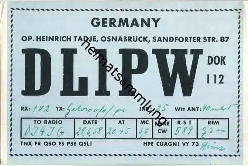 QSL - QTH - Funkkarte - DL1PW - Osnabrück - 1958