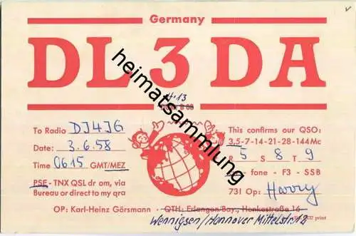 QSL - QTH - Funkkarte - DL3DA - Wennigsen (Deister)  - 1958