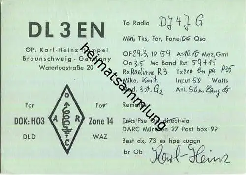 QSL - QTH - Funkkarte - DL3EN - Braunschweig  - 1959