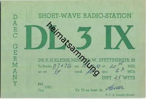 QSL - QTH - Funkkarte - DL3IX - Minden  - 1958