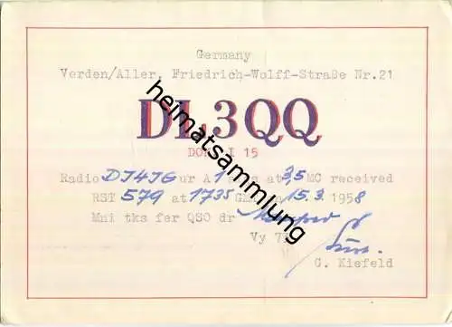 QSL - QTH - Funkkarte - DL3QQ - Verden/Aller - 1958