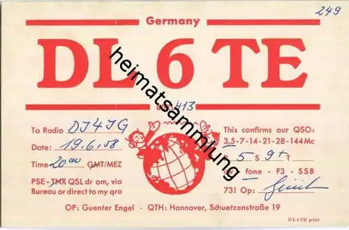 QSL - QTH - Funkkarte - DL6TE - Hannover - 1958