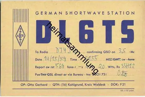 QSL - QTH - Funkkarte - DL6TS - Kohlgrund (Bad Arolsen) - 1959