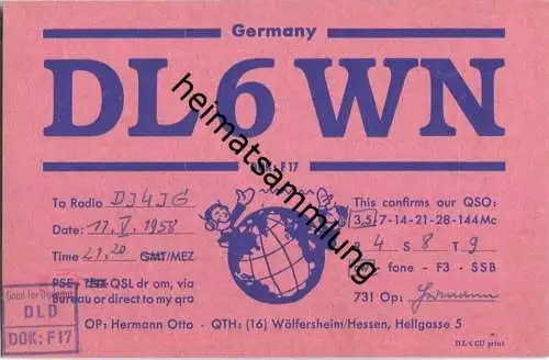 QSL - QTH - Funkkarte - DL6WN - Wölfersheim - 1958