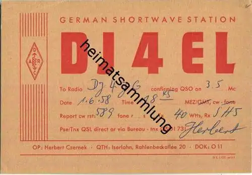 QSL - QTH - Funkkarte - DJ4EL - Iserlohn - 1958
