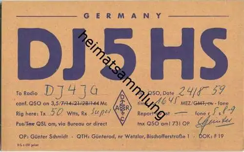 QSL - QTH - Funkkarte - DJ5HS - Günterod - 1959