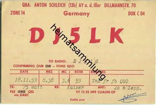 QSL - QTH - Funkkarte - DJ5LK - Ay an der Iller - 1959