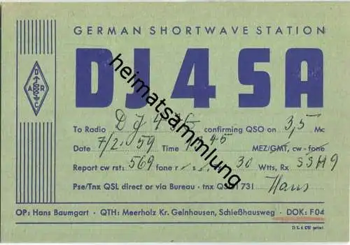 QSL - QTH - Funkkarte - DJ4SA - Gelnhausen  - 1959