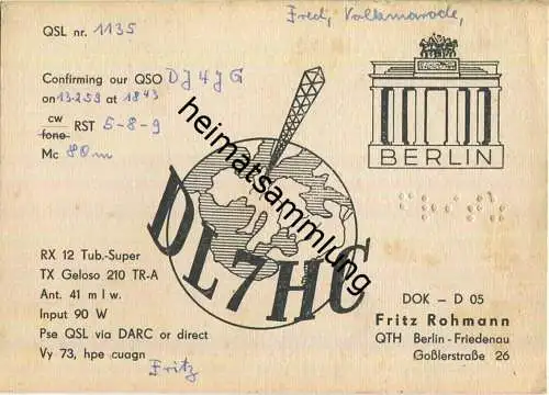 QSL - QTH - Funkkarte - DL7HC - Berlin-Friedenau - 1959