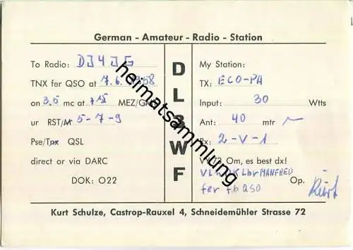 QSL - QTH - Funkkarte - DL3WF - Castrop-Rauxel - 1958