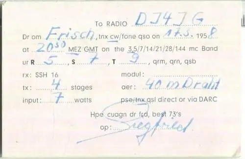 QSL - QTH - Funkkarte - DJ3VI - Bremen - 1958 - Grösse 10x6,5 cm