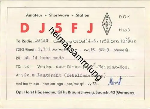 QSL - QTH - Funkkarte - DJ5FJ - Braunschweig - 1959