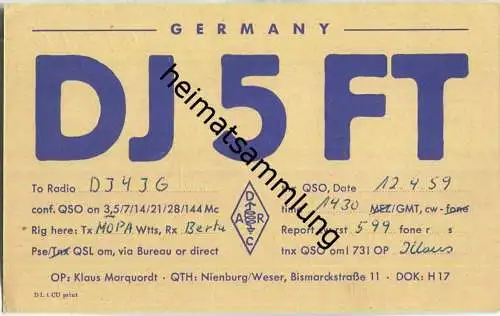 QSL - QTH - Funkkarte - DJ5FT - Nienburg/Weser - 1959