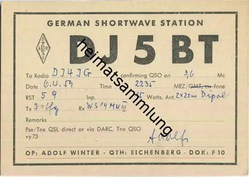 QSL - QTH - Funkkarte - DJ5BT - Eichenberg - 1959