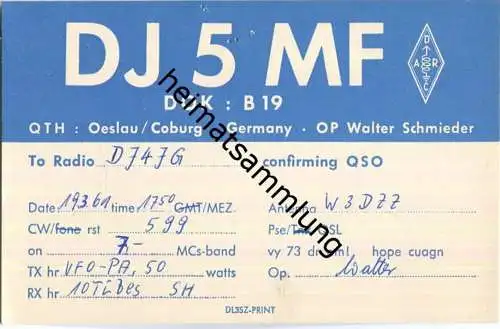 QSL - QTH - Funkkarte - DJ5MF - Oeslau - 1961
