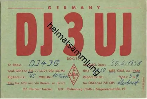 QSL - QTH - Funkkarte - DJ3UJ - Oldenburg (Oldb.) - 1958